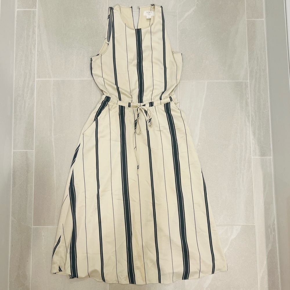 LOFT cream and navy striped midi dress, open keyhole back detail, size XS.